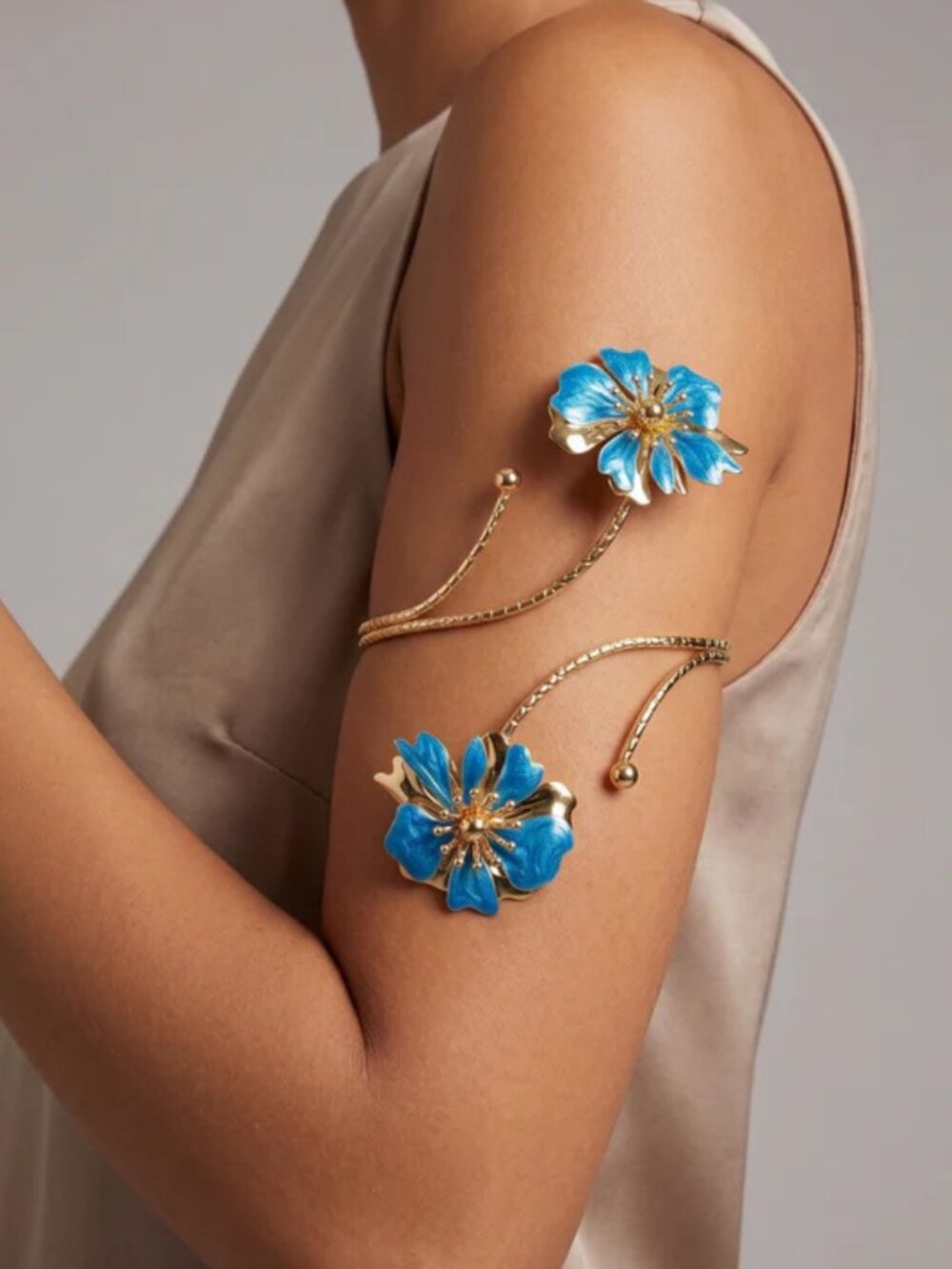 14K Gold Plated Enamel Flower Boho Arm Cuff Body Jewelry Bracelet Floral Blue
